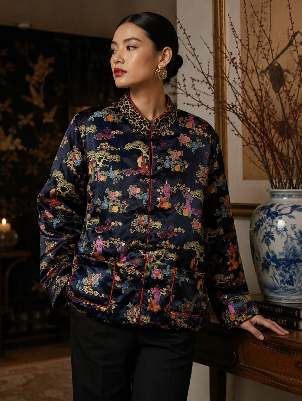 DOLCE PERLA Mixed Print Satin Cheongsams Frog Toggle Closure Jacket Blazer 4